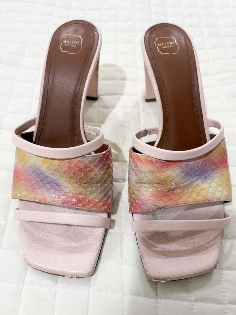 Malone Souliers Pastel Pink Slide Heels with Multicolor Snake-Effect Upper